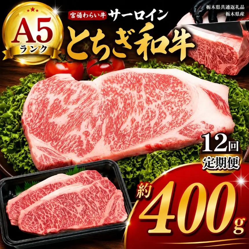【栃木県共通返礼品】【定期12回】宮福笑牛（とちぎ和牛） A5 サーロインステーキ　約200g×2枚