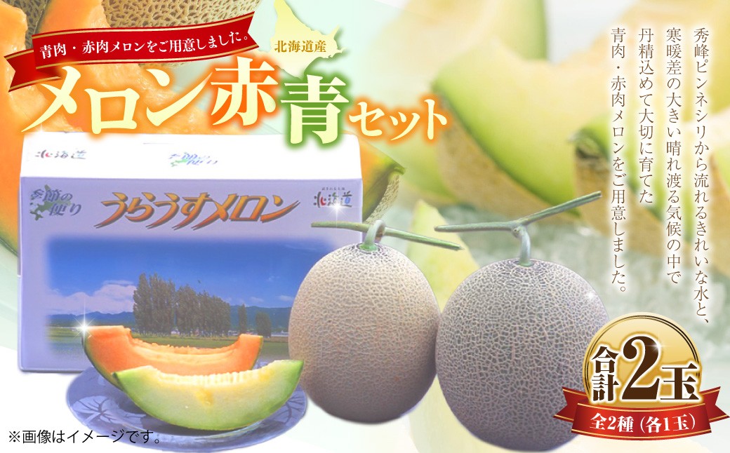 
            メロン 赤・青セット （1玉 約1.6kg） 【2026年7月上旬～7月下旬迄順次発送予定】 果物 フルーツ めろん 2玉 詰め合わせ セット 赤肉 青肉 北海道 浦臼町
          