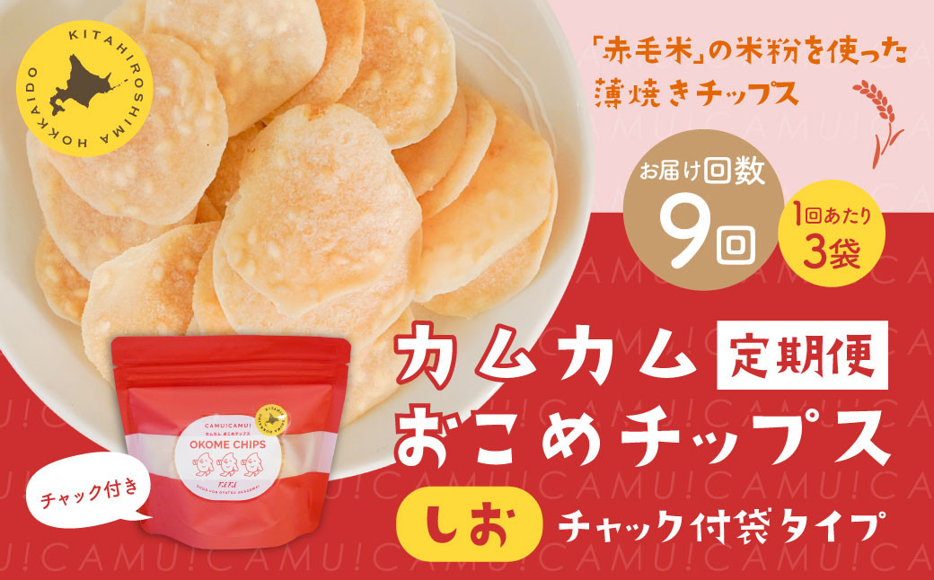 
            【1ヶ月毎9回定期便】 カムカムおこめチップス（しお） チャック付袋タイプ 計27個  （3個×9回） お菓子 菓子 スナック菓子
          