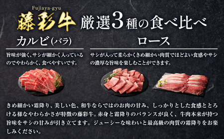 肉 藤彩牛 厳選3種の食べ比べ カルビ バラ 300g ロース焼肉用 ローススライス 各 200g 計 700g 道の駅竜北  熊本県 氷川町 肉 牛肉 バラ カルビ 焼肉 ロース スライス 黒毛和牛