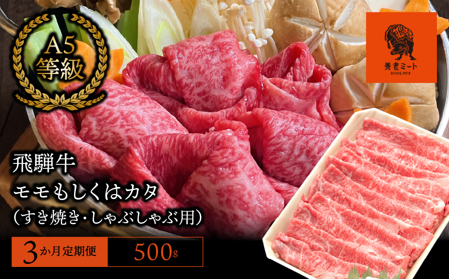 【3か月定期便】【飛騨牛】モモもしくはカタ 500g (すき焼き・しゃぶしゃぶ用)