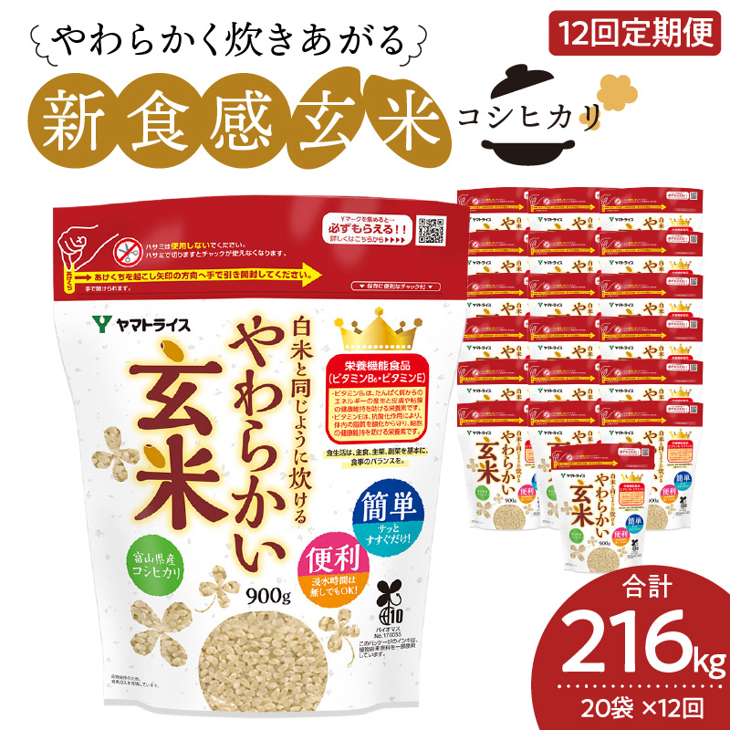 やわらかい玄米 900g×20袋　※定期便12回　小分け 米 こめ コメ ごはん 栄養豊富 簡単 便利 美容 健康 新食感 もちもち 安心安全なヤマトライス　H074-635