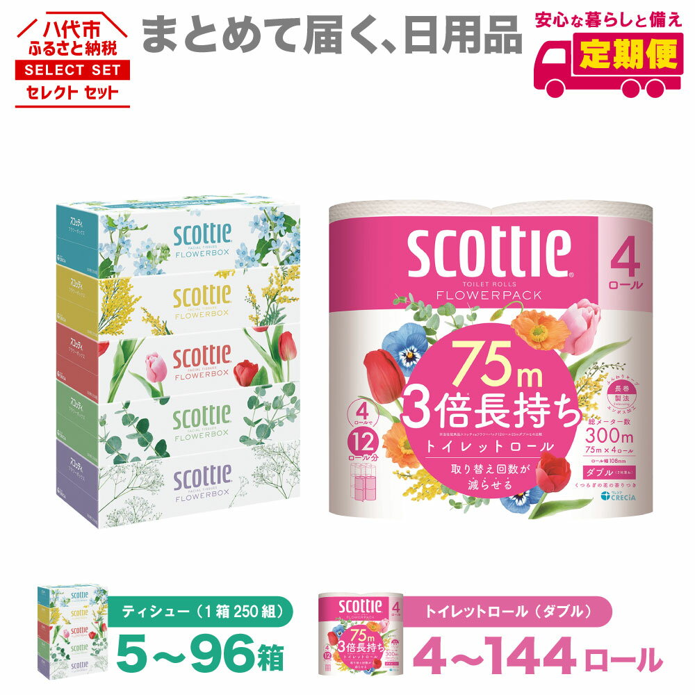 【ふるさと納税】【選べる内容量・発送回数】【スコッティ】 ティッシュ フラワーボックス 250組 5箱パック フラワーパック 3倍長持ち 4ロール ダブル パック トイレットペーパー セット 消耗品 まとめ買い 備蓄 防災 ストック 日用品 送料無料
