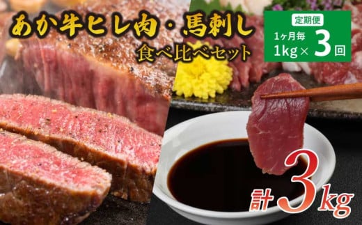 牛肉 馬刺し 【3ヶ月定期便】 計3kg 【あか牛 ヒレ肉 800g (6枚前後) 馬刺し 200g (赤身100g霜降り50gたてがみ50g)】×3回 食べ比べ セット 【3ヶ月定期便】あか牛ヒレ肉800g(6枚前後)・馬刺し200g(赤身100g、霜降り50g、たてがみ50g)セット【合計3kg】