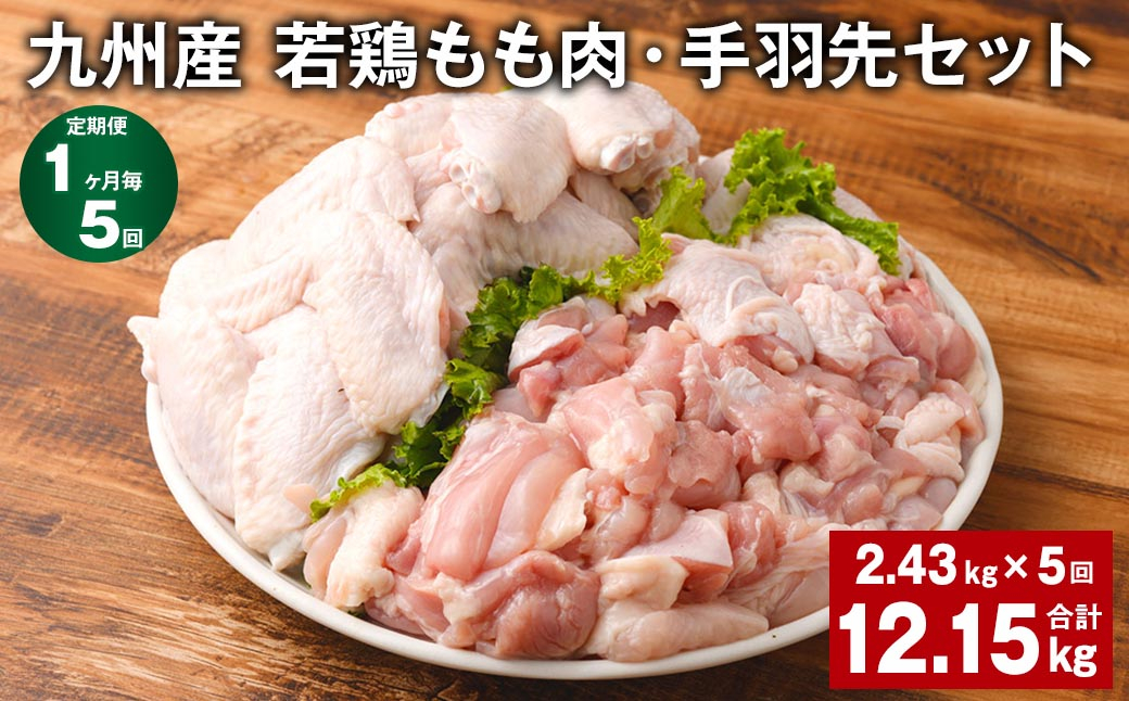 
【1ヶ月毎5回定期便】 九州産 若鶏もも肉・手羽先セット 計約12.15kg（約2.43kg✕5回） 鶏肉 もも肉 手羽先
