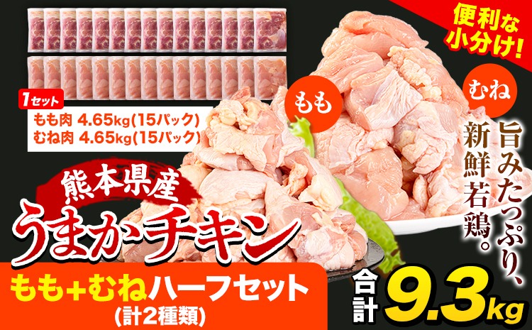 うまかチキン もも+むねハーフセット(計2種類) 30パック 合計9.3kg《30日以内に出荷予定(土日祝除く)》ふるさと納税 肉 とり とり肉 とりむね 鳥もも肉 小分けバック 鳥 とりもも 冷凍 定期 大容量 もも肉 簡易包装 鶏肉 熊本---hkw_26_lcl_160_30p---