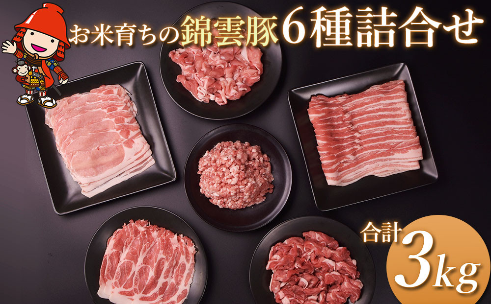 
                  高級 ブランド 錦雲豚 たっぷり 3kg 詰め合わせ 6種 セット | お米育ちの 錦雲豚 しゃぶしゃぶ 生姜焼き 丼 バラ ロース モモ ミンチ うで 豚肉 冷凍 送料無料
                