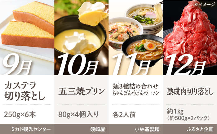 【2026年1月初回発送】【12回定期便】 旬のごちそう巡り Cコース バラエティ定期便 / 焼き芋 ハンバーグ しいたけ 太麺パスタ ゼリー 桃 マンゴー 黒ごまそうめん カステラ 五三焼プリン 麺