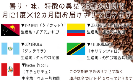 【宝塚】12ヶ月の定期便（当日自家焙煎珈琲豆5種類）Qグレード【粉】