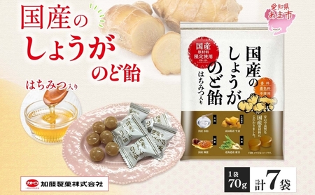 加藤製菓 国産しょうがのど飴 70g×7袋 飴 あめ キャンデイー 個包装 国産 日本産 素材の味 素材 ジンジャー 甜菜糖 ショウガ 生姜 酸味 まろやか 優しい味わい 持ち歩き お取り寄せ 送料無料 愛知県 あま市