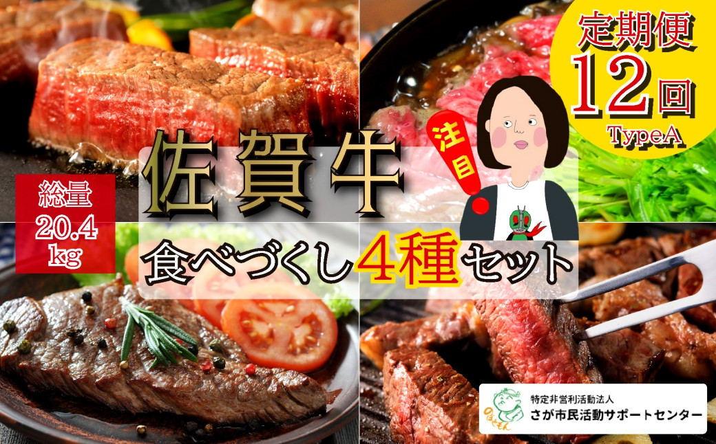 
            【定期便セット】佐賀牛食べづくし4種セット総計20.4kg：TypeA（ヒレ/ロース/ランプ/すき焼き）　全12回
          