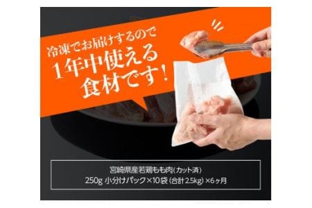 【定期便】宮崎県産 鶏肉 もも肉 切身 2.5kg(250g×10袋) 6ヶ月定期便【 国産鶏肉 九州産鶏肉 若鶏 肉 とり モモ肉 小分け鶏肉 カット済み鶏肉 大人気鶏肉 全6回 鶏肉 】