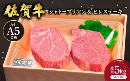 ＜定期便5回＞佐賀牛 シャトーブリアンステーキ ヒレステーキ 計5kg 【2月・4月・6月・8月・10月お届け】／ 佐賀 大町町 肉 お肉 牛肉 フィレ ヒレ ステーキ 贈答 ブランド牛 A5 国産 霜降り ギフト グルメ 国産牛 特産品 お祝い 贈り物 ステーキ肉 冷凍 送料無料