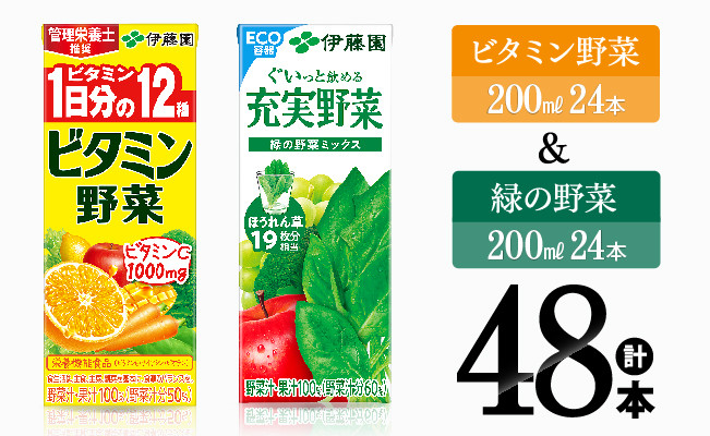 
ビタミン野菜24本+緑の野菜24本（紙パック）【 伊藤園 飲料類 野菜 ビタミン野菜 緑の野菜 ジュース セット 詰め合わせ 飲みもの 】
