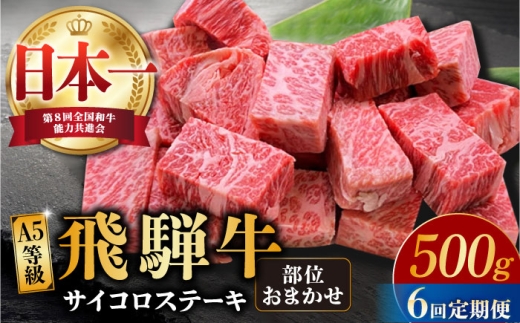 【6回定期便】 飛騨牛 サイコロステーキ 部位おまかせ 500g A4等級以上 和牛 ブランド牛 国産 牛肉 多治見市 / 渡辺精肉店 [TAZ040]
