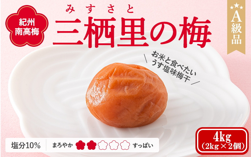 
紀州南高梅　三栖里の梅（塩分10%）　4kg(2kg×2個） / 田辺市 紀州南高梅 南高梅 梅干し 梅干 梅 肉厚 お米 おにぎり 焼酎 梅酒 健康
