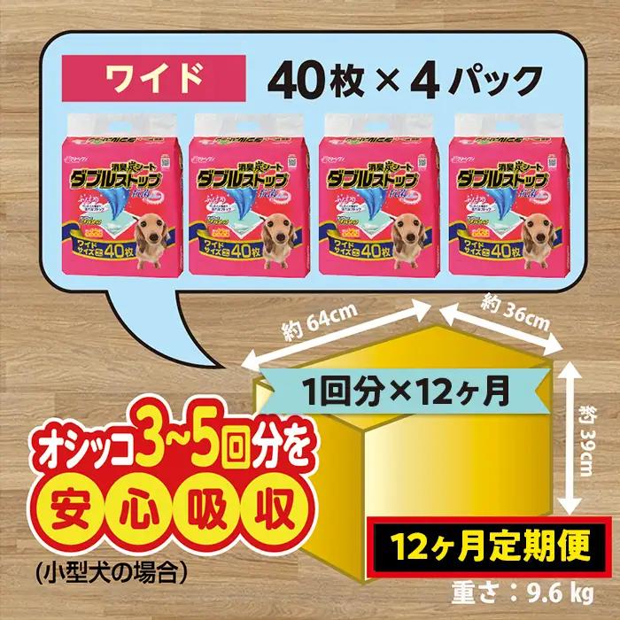 445【12ヶ月連続お届け】定期便 12回 消臭シート ダブルストップ ワイド 40枚×4袋 クリーンワン ペットシーツ 犬用 消臭 抗菌 炭シート ペットシート