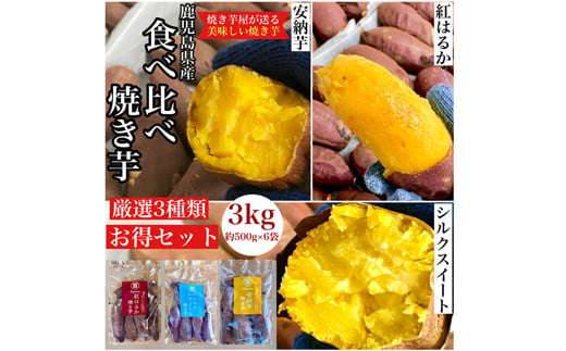 
            2682 【年内配送12月15日入金まで】鹿児島県産 さつまいも 【3種食べ比べ】 焼き芋 3kg(500g×6袋) 蜜芋 さつまいも【クール便配送】【いも 芋 さつま芋 蜜芋 紅はるか 安納芋 シルクスイート 焼き芋 スイーツ 食べ比べ 詰め合わせ】
          