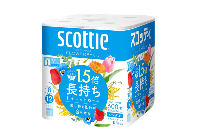 《4ヶ月ごとに3回お届け》定期便 トイレットペーパー スコッティ フラワーパック 1.5倍長持ち〈香り付〉8ロール(シングル)×8パック
