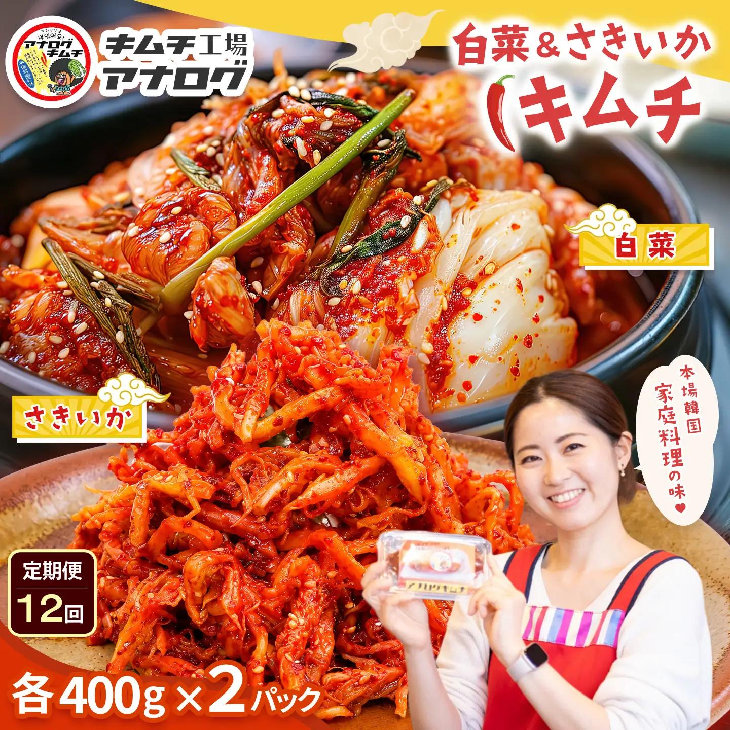 【12カ月定期便】人気2種の本格キムチ 白菜＆さきいかセット(各400g×2パック)(H104289)