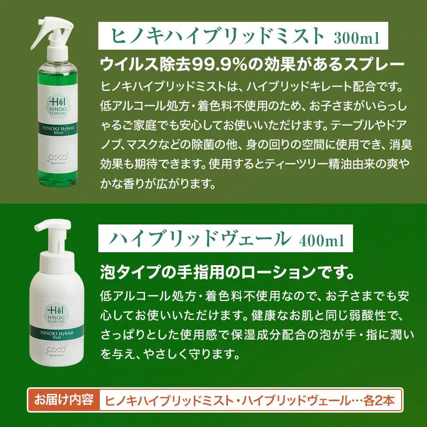 室内用ミストスプレー ヒノキハイブリットミスト（300ml×2本）＆泡状ハンドローション ハイブリッドヴェール（400ml×2本）