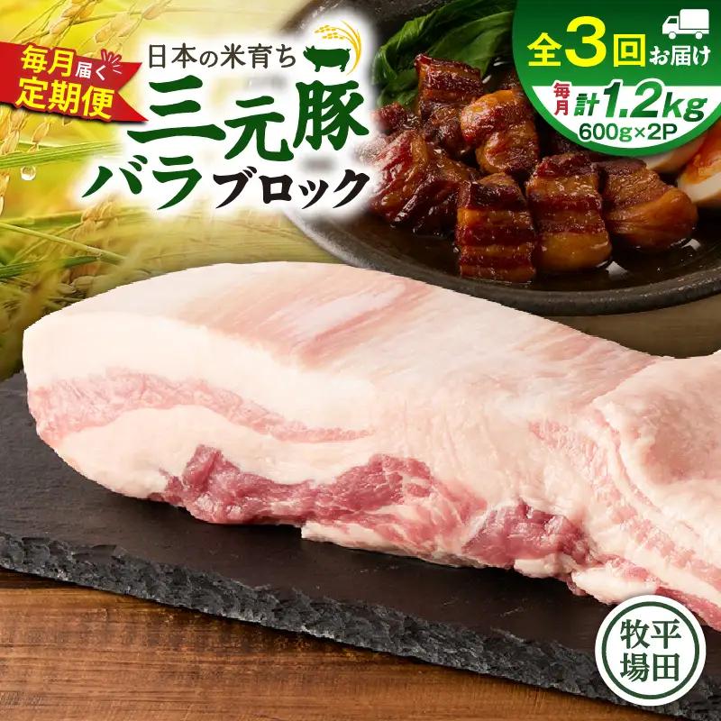 【 全3回 毎月 定期便 】 日本 の 米育ち 平田牧場 三元豚 バラ ブロック 1.2kg T036-T09-01 定期 肉 お肉 にく 豚 豚肉 ブタ ぶた 豚の角煮 角煮 焼豚 厚切りソテー 黒豚 冷凍 バークシャー種 特別品種 便利 パック おかず 夕食 美味しい おいしい ジューシー ふるさと納税 北海道 苫小牧市 おすすめ ランキング プレゼント ギフト