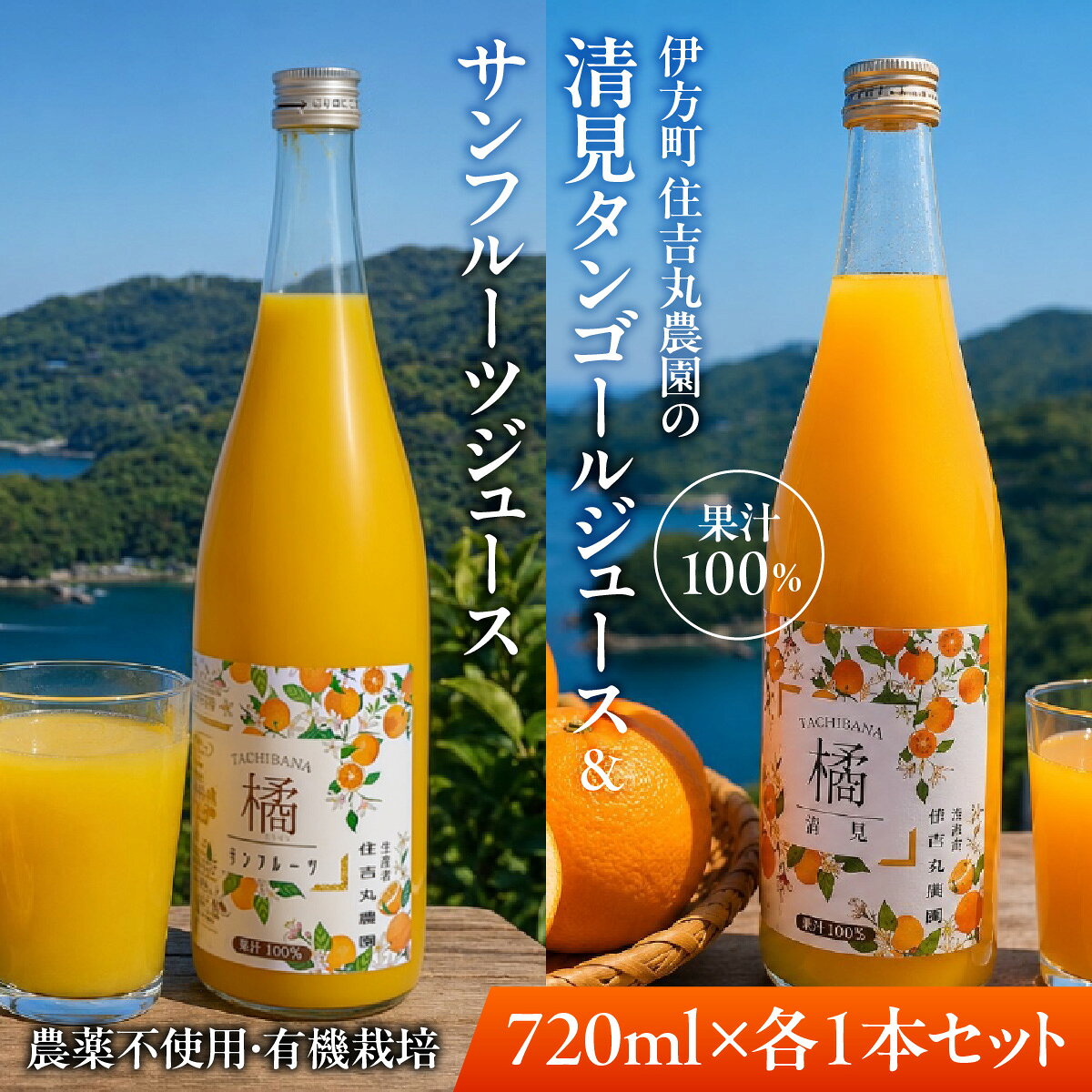 【ふるさと納税】清見タンゴールジュース サンフルーツジュース 720ml×各1本（計2本）【ふるさと納税 人気 おすすめ ランキング 清見タンゴール サンフルーツ ジュース みかん ミカン オレンジ 無農薬 有機栽培 佐田岬半島 住吉丸農園 愛媛県 伊方町 送料無料】 IKTBN023