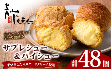No.1049-D 薩摩77万石溶岩サブレシュー＆パイシュー(48個入) 鹿児島 日置市 特産品 お菓子 洋菓子 菓子 おかし スイーツ おやつ パイ シュークリーム カスタード クリーム 冷凍 冷凍配送 ギフト【青山じゅあん】