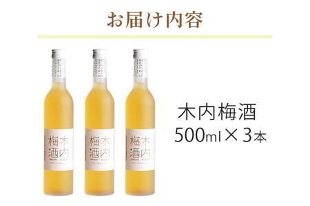 木内梅酒 3本セット 500ml×3本 果実酒 ウメ 人気 お土産 ギフト フルーティー 内祝い ご褒美 国産 紀州南高梅使用 お歳暮 お歳暮ギフト プレゼント お中元 敬老の日 御歳暮 うめ酒 梅酒
