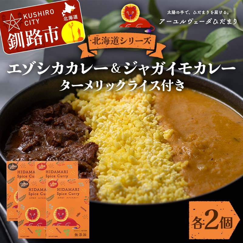 【ふるさと納税】北海道シリーズエゾシカカレー2個＆ジャガイモカレー2個 ターメリックライス付き カレー レトルト 常備 冷凍 小分け 簡単調理 おかず 北海道 ターメリック 保存料不使用 化学調味料不使用 添加物不使用 F4F-5153