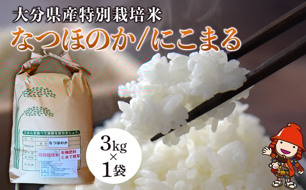 
                  令和7年産 特別栽培米 なつほのか にこまる 3kg×1袋 | 大分県中津市三光産 栽培期間中 農薬不使用 精米 玄米 選べる 国産 お米 米 ご飯 白米 農家直送 宗像農園 大分県産 九州産 大分県 中津市
                
