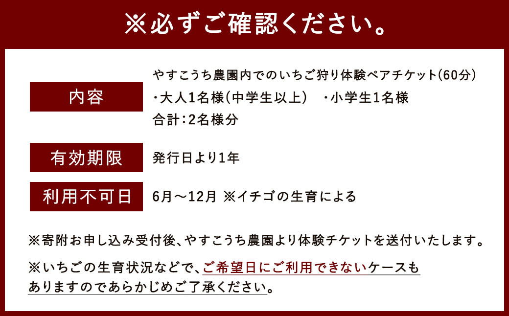 いちご狩り 食べ放題ペアチケット60分(大人1名+小学生1名)