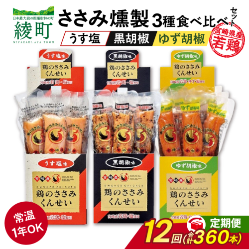 【12回定期便】鶏のささみくんせい 3種食べ比べ 30本セット ＜うす塩・黒胡椒・ゆず胡椒 ＞ おつまみ スモーク チキン 燻製【雲海物産】_A0114-2271