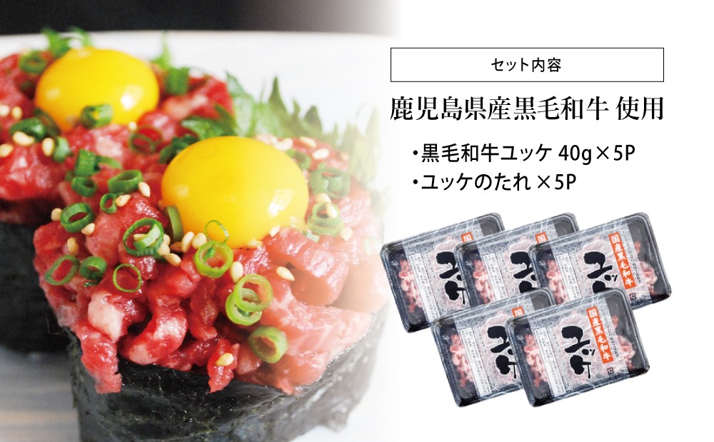 【鹿児島県産】黒毛和牛ユッケ 40g×5P タレ付 生食認定工場 安全 鮮度 生食用 牛肉 ユッケ丼 ビール つまみ 小分け 冷凍 鹿児島産 和牛 牛 国産黒毛和牛 お肉 赤身 モモ 生食用 お取り寄