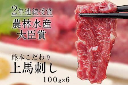馬刺し 上赤身 ブロック 国産 熊本肥育 冷凍 生食用 たれ付き(10ml×6袋) 100g×6セット 肉 期間限定 絶品 牛肉よりヘルシー 馬肉 予約 平成27年28年 農林水産大臣賞受賞 熊本県大津町《7-14日以内に出荷予定(土日祝除く)》