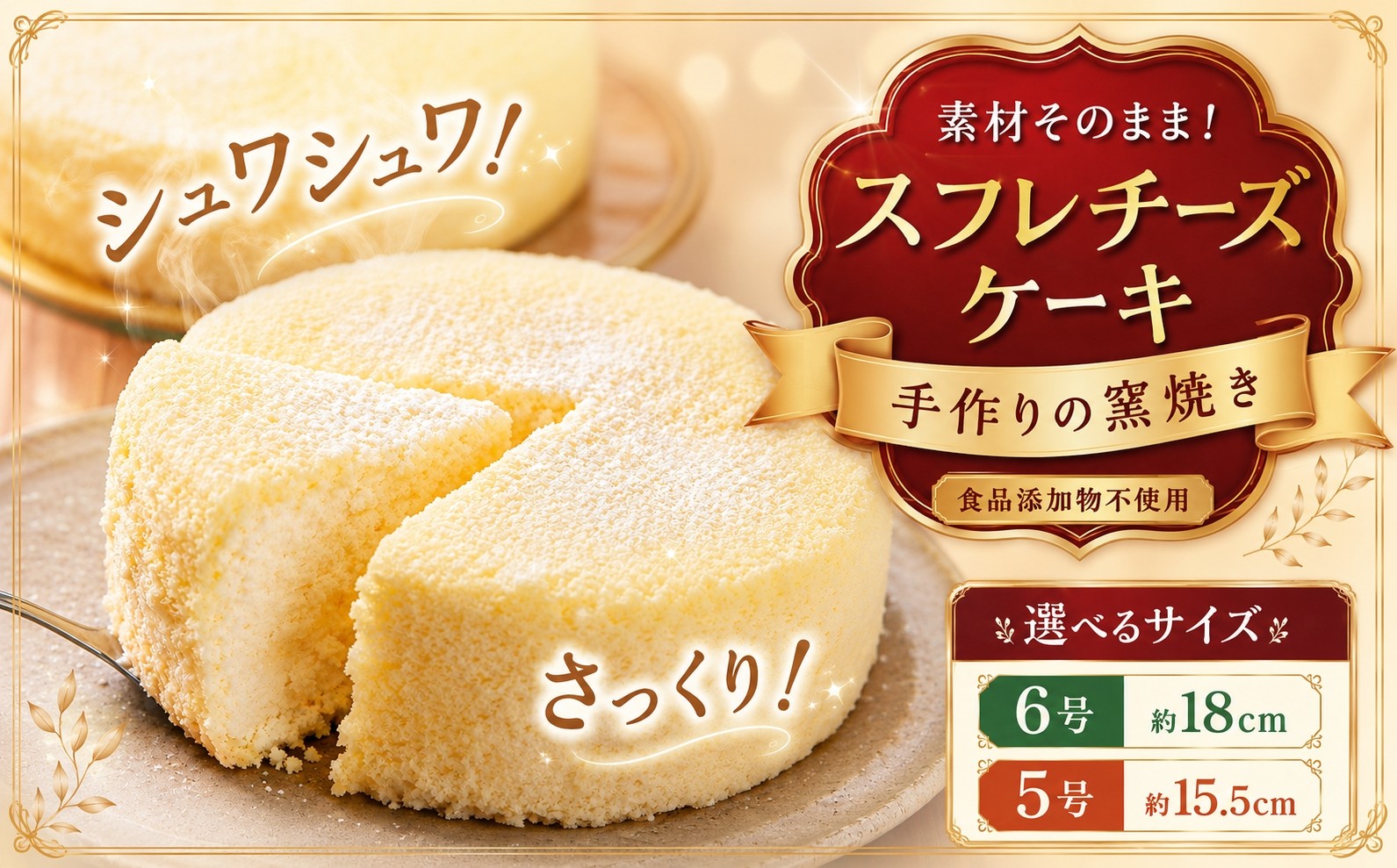 
                  【選べるサイズ】手作りの窯焼き 無添加 スフレチーズケーキ 5号 / 6号 | スイーツ ケーキ スフレ チーズケーキ すいーつ けーき 菓子 チーズ 焼き菓子 兵庫県 上郡町
                