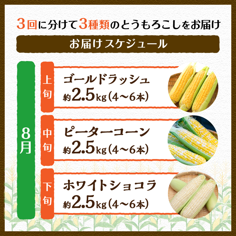 ＼＼★セレクト定期便(月3回お届け)★ 2027年先行予約／／ 富士北麓忍野村の気候、水、自然で作られた朝採りトウモロコシ（セレクト便）《約2.5kg 4～6本》