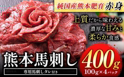 赤身馬刺し 400g【純国産熊本肥育】 たっぷり400g 約100g×4ブロック (タレ5ml×4袋) 生食用 冷凍《60日以内に出荷予定(土日祝除く)》