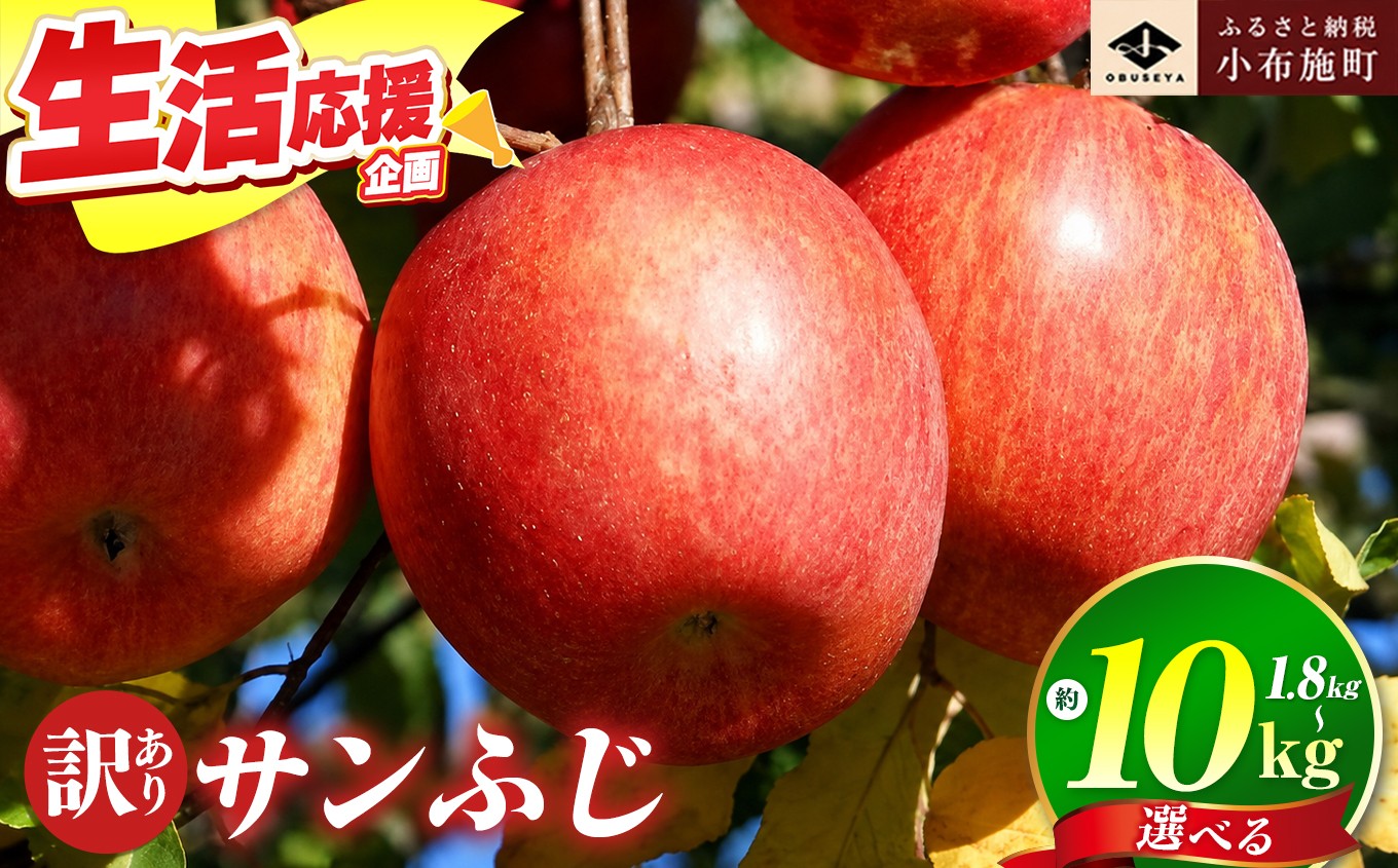 
                  【訳あり】 【先行受付】サンふじ 選べる 内容量 約 1.8kg / 3kg / 5kg / 10kg ［小布施屋］ りんご 林檎 リンゴ 不揃い 規格外 果物 フルーツ 生産者応援 支援 家庭用 長野県産 信州産 小布施町 令和8年産 【2026年11月下旬～2027年3月下旬発送】 ［A-12］
                