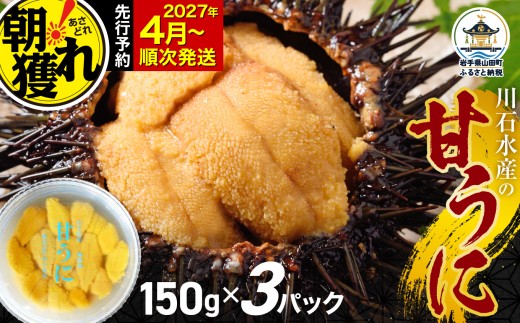 【2027年4月以降発送】 【極上】 ミョウバン不使用 国産 甘うに 150g×3パック 三陸産 川石水産  三陸山田 岩手県 山田町 三陸 旬 うに 無添加 ウニ 雲丹 うに丼 無添加ウニ キタムラサキウニ 特選