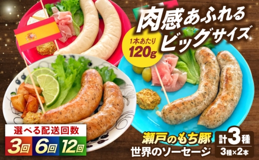 【全3回定期便】「瀬戸のもち豚」世界のソーセージ３種セット ソーセージ ウインナー おすすめ 人気 美味しい おいしい 絶品 国産 ブランド豚 もち豚 バラエティ あらびき ハーブ スパイス 辛い ピリ辛 本格 パリッと ジューシー ビール ワイン BBQ バーベキュー キャンプ おかず 朝食 弁当 パーティー ギフト プレゼント 贈り物 広島県福山市/日本畜産株式会社  [BAER067]