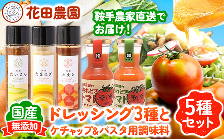 ドレッシング3種とケチャップ＆パスタ用調味料 5種セット 花田農園 《30日以内に出荷予定(土日祝除く)》ドレッシング だいこん 大根 たまねぎ 玉ねぎ とまと トマト 野菜 国産 無添加 ケチャップ パスタ用調味料