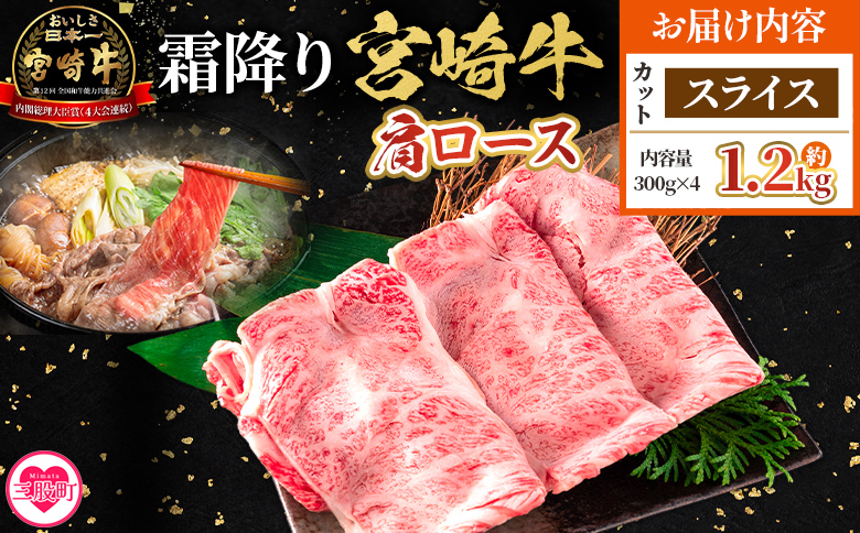 ＜宮崎牛肩ロース【スライス】1.2kg＞【8月発送】霜降り やわらかい サシ 赤身と脂のバランス 炒め物 肉料理 ご馳走 国産 高級 ブランド牛肉 黒毛和牛 数量限定【MI696-my-aug】【ミヤチク】