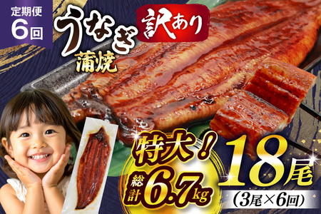 うなぎ 訳あり 鰻 蒲焼 特大 3尾 6回 定期便 総計約6.7kg 不揃い 規格外 小分け [大黒物産 福岡県 宇美町 um40bak830016]