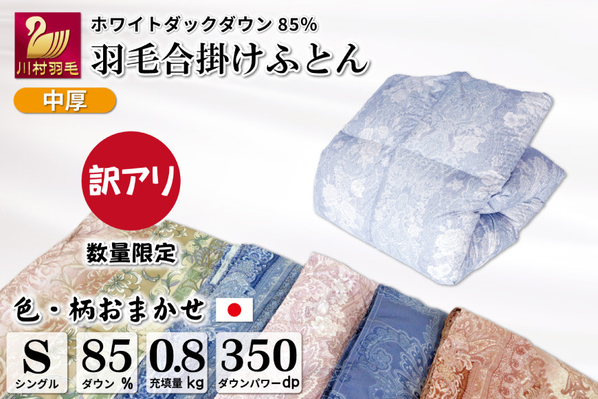 
【訳あり】色柄おまかせ 春秋用 中厚 羽毛 合掛け 布団 シングル ホワイトダック85％ 0.8kg [川村羽毛 山梨県 韮崎市 20741678] 羽毛布団 日本製
