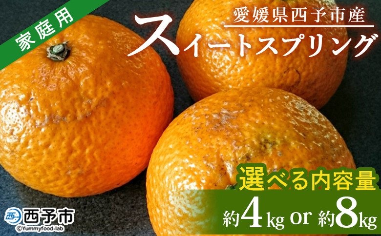 
                  ＜愛媛県西予市産 スイートスプリング 家庭用 約4kg／8kg＞ 訳あり ワケアリ すいーとすぷりんぐ 果物 くだもの みかん ミカン 柑橘 甘い フルーツ 果実 果肉 特産品 産地直送 段畑みかん 愛媛県 西予市【常温】『2027年1月中旬～2月中旬迄に順次出荷予定』
                