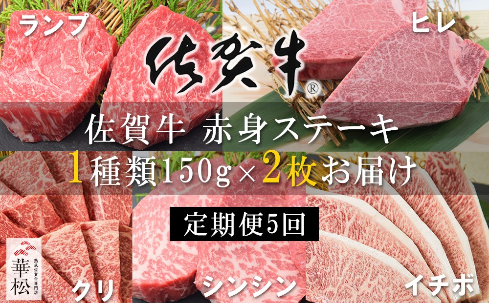 
                  【定期便セット】全5回「佐賀牛」赤身ステーキ食べ比べコース150g×2枚(ランプ・シンシン・クリ・イチボ・ヒレ）
                