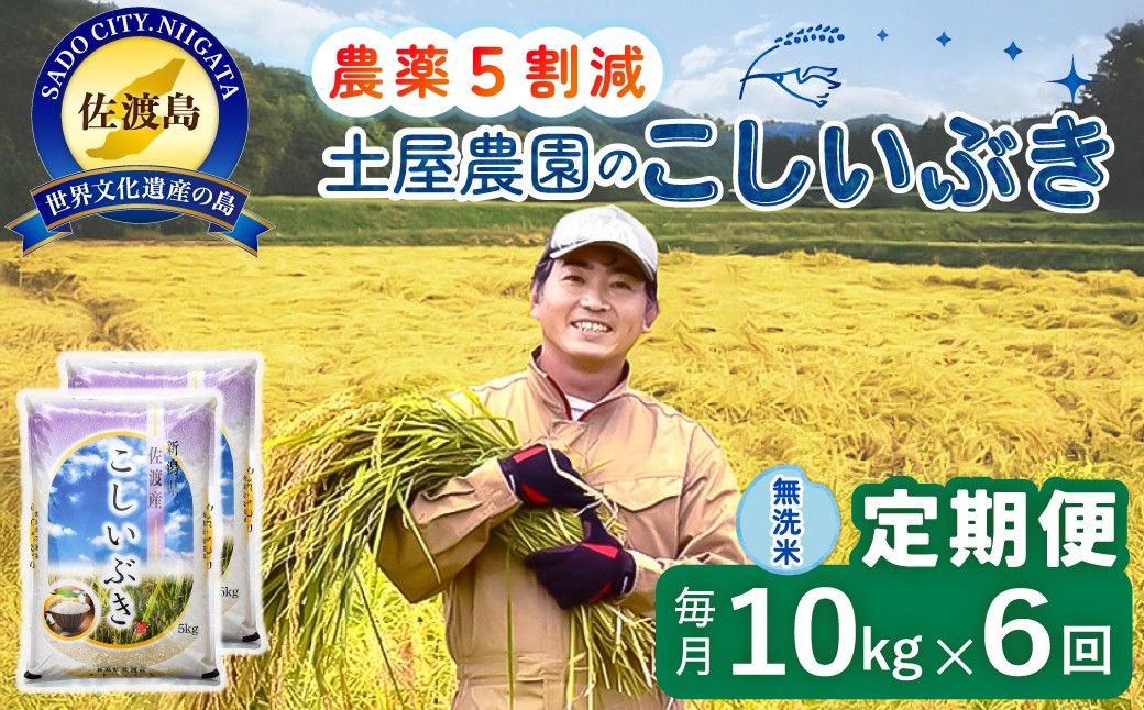 
                  【6か月定期便 こしいぶき】佐渡島産こしいぶき 無洗米 合計60kg（10kg（5kg×2袋）×全6回）令和8年産 新米 農薬・化学肥料5割減 | 新潟県産こしいぶき 新潟産こしいぶき 佐渡産こしいぶき こしいぶき コシイブキ お米 米 無洗米 むせんまい 精米 おこめ コメ 10キロ にいがた さど 新潟県 佐渡市
                