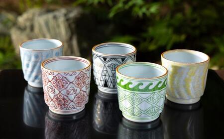 【柳桜園×京焼】最高級茶各種詰合せ×京焼茶器セット（叶松谷作 洋彩幾何文湯碗5客)