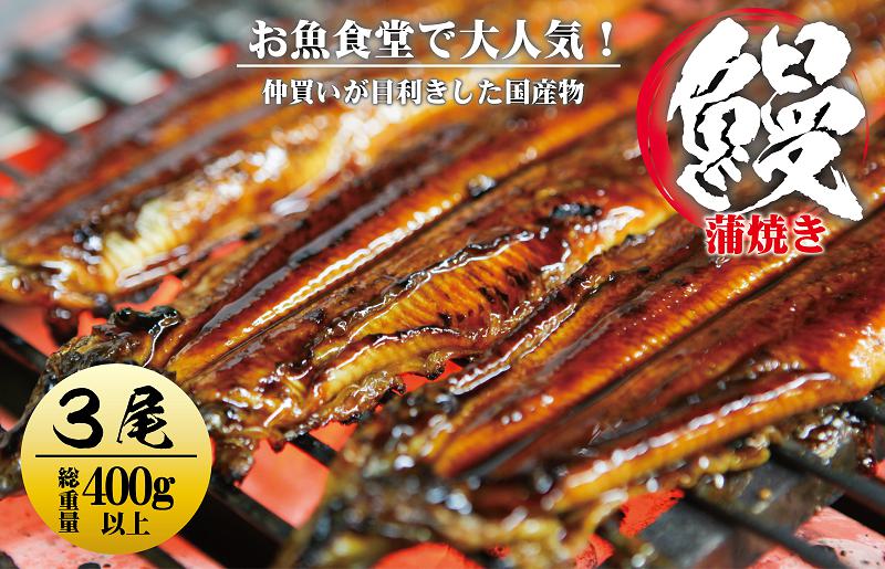 015B230 国産うなぎ 蒲焼き 3尾 総量400g以上